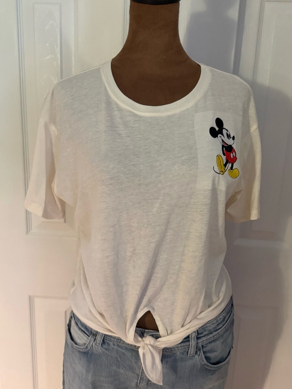 Disney White Tee with Mickey Graphic and Front Knot